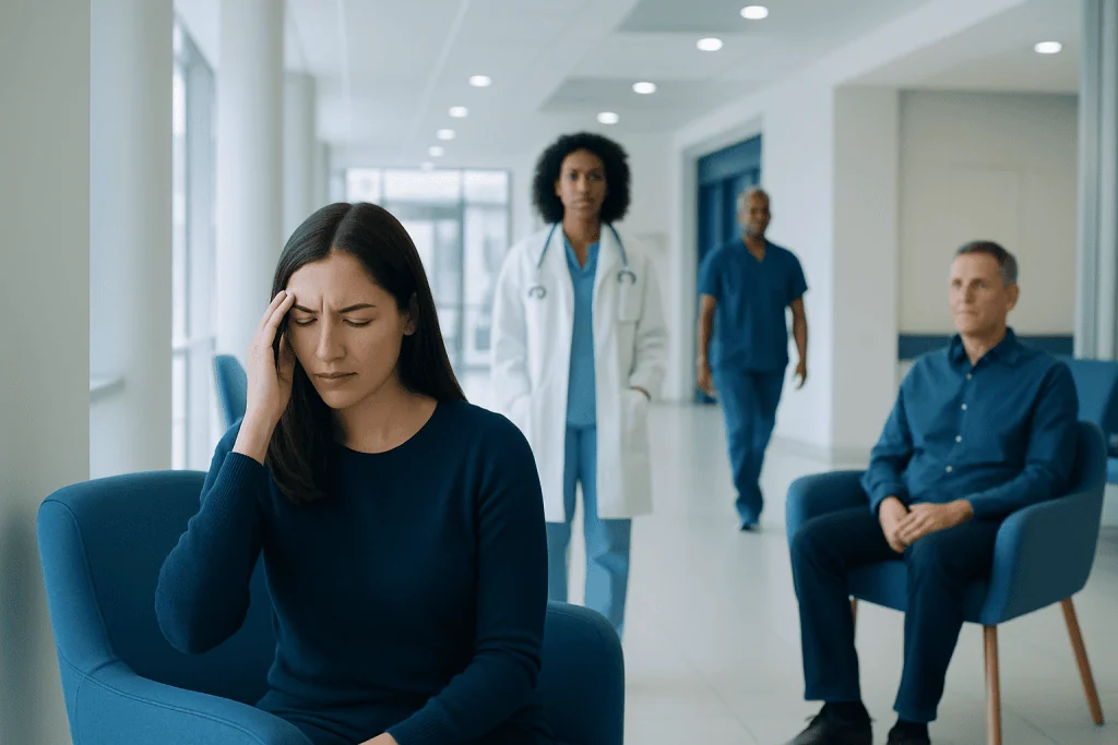 Headache Behind Eyes: Possible Causes and When to Seek Care 1 Young woman experiencing headache in a hospital waiting area.