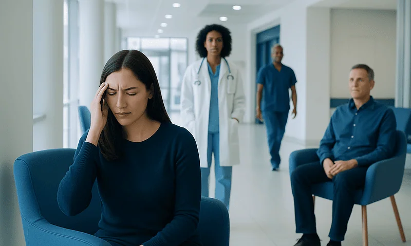 Young woman experiencing headache in a hospital waiting area.