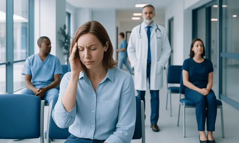 Woman with headache in a medical waiting room with healthcare professionals.
