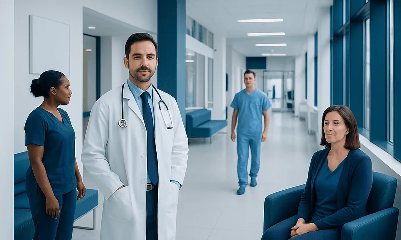 Medical team in a modern hospital corridor with patients and staff.