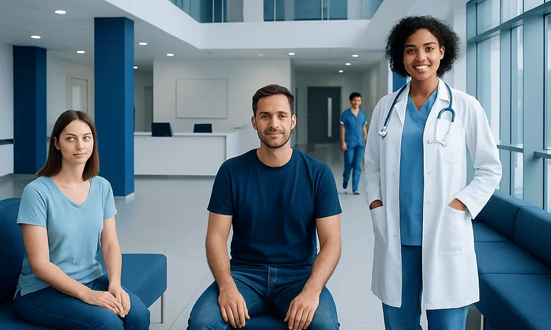 Diverse group of patients and healthcare professional in hospital lobby.