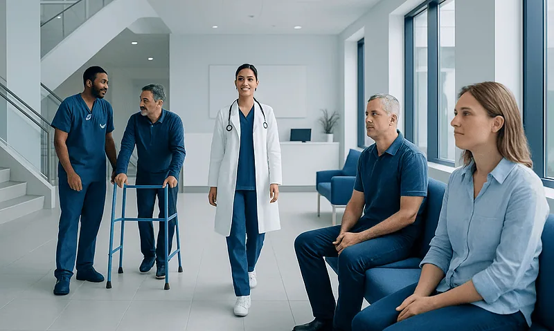Healthcare professionals and patients in a modern hospital waiting area.