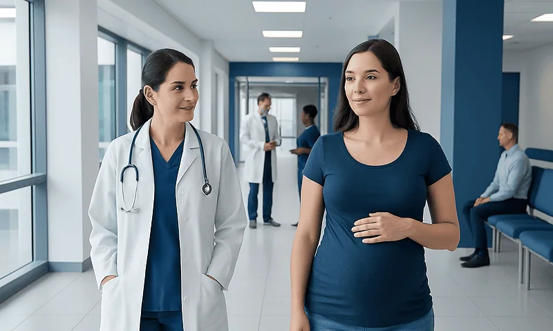 Pregnant woman consulting with a doctor in a hospital corridor.