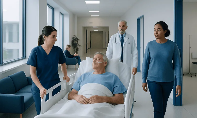 Patient in hospital bed with medical staff and visitors in corridor.