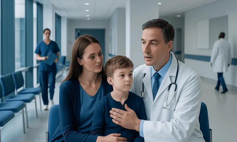 Pediatric cardiologist examining a young boy in hospital corridor.