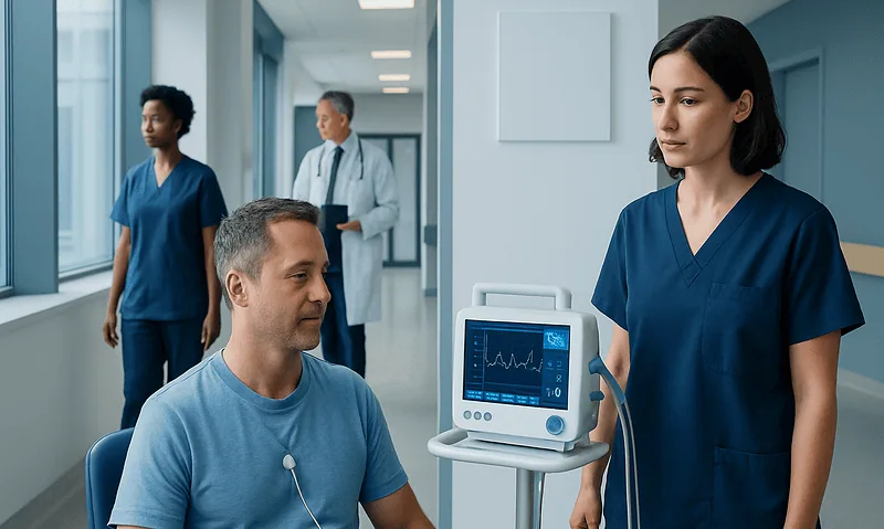 Patient connected to heart rate monitor in hospital corridor with medical staff.