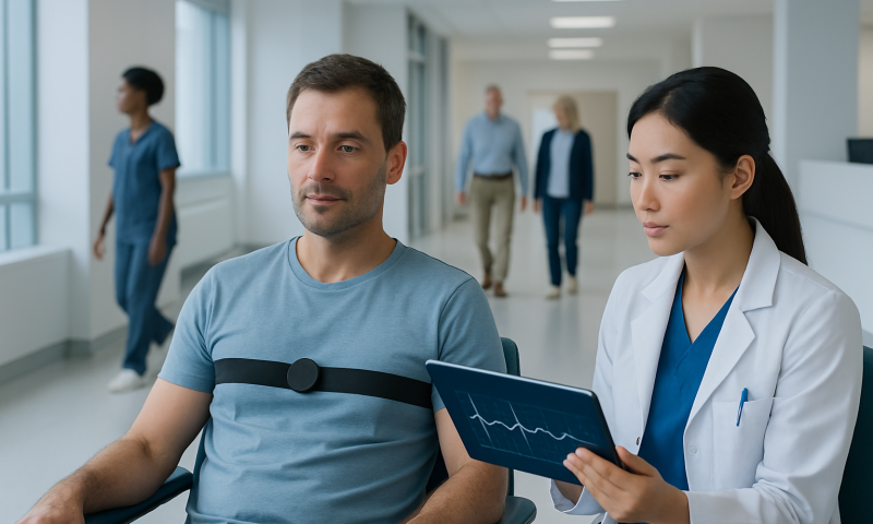 Doctor monitoring heart rate variability with patient in hospital corridor.