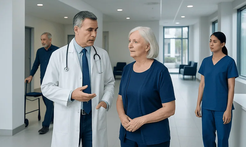 Doctor consulting with elderly woman in hospital corridor.