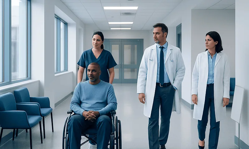 Medical team with patient in hospital corridor.