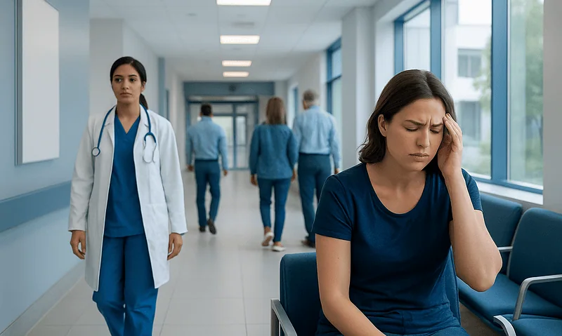 Young woman with headache sitting in hospital corridor with medical staff nearby.
