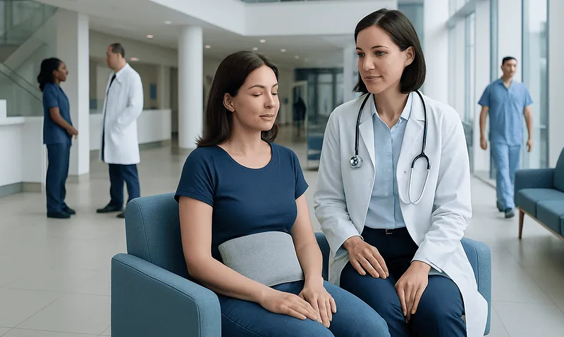Doctor consulting a patient in a modern hospital lobby.