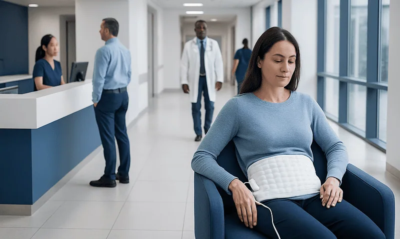 Patient using a heating pad in a hospital corridor for pain relief.