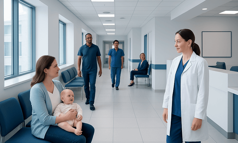 Hospital corridor with a mother, baby, and medical staff.