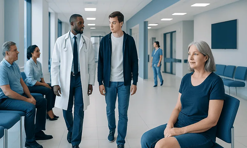 Hematoma: Common Causes, Warning Signs, and When to Worry 11 Medical consultation in hospital corridor with doctors and patients.