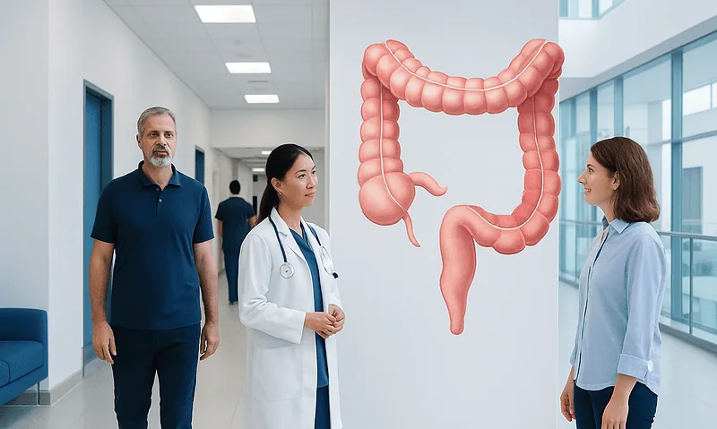 Medical professionals discuss colon health with a large colon diagram in hospital corridor.