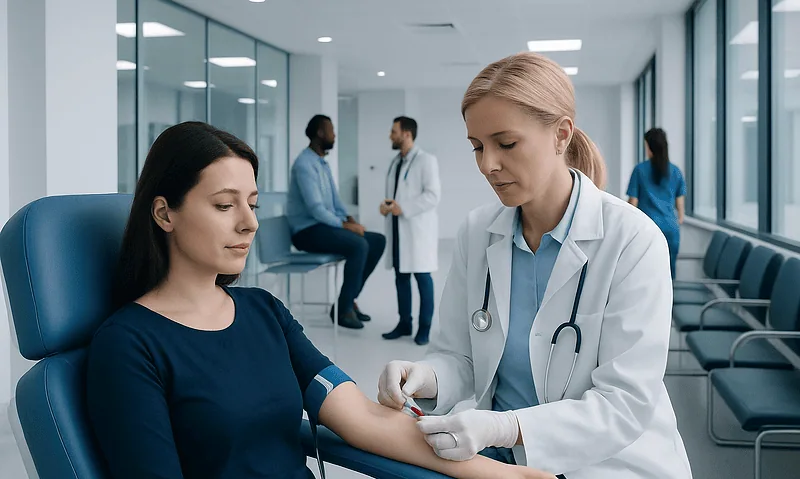 Doctor drawing blood from a patient in a hospital setting.
