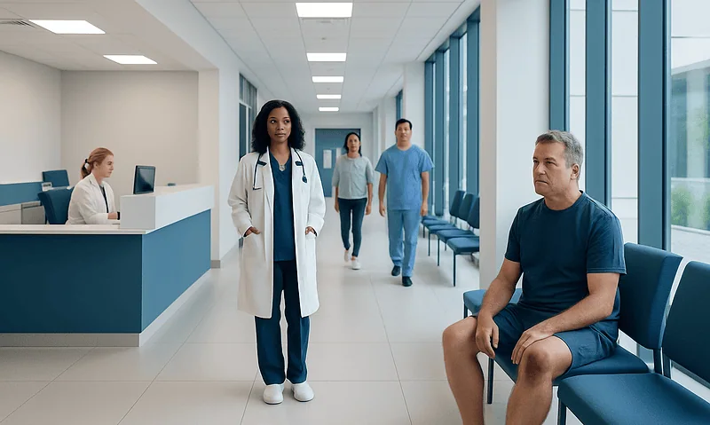 Hospital corridor with medical staff and patient in waiting area.