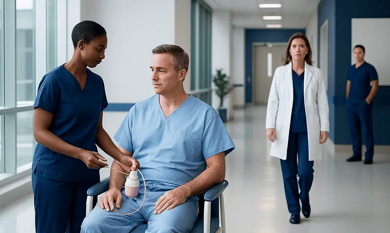 Healthcare professionals caring for a patient with a Hemovac drain in hospital corridor.