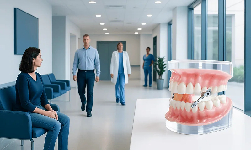 Dental consultation with orthodontic model in a modern clinic setting.