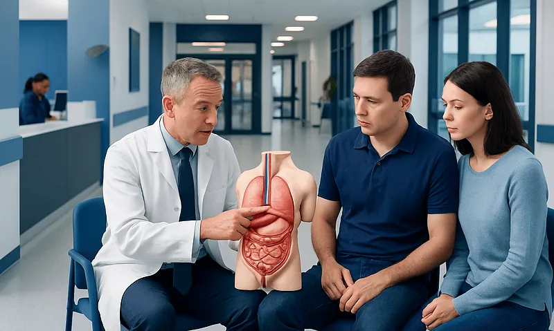 Doctor explaining hernia to patients using anatomical model in hospital.