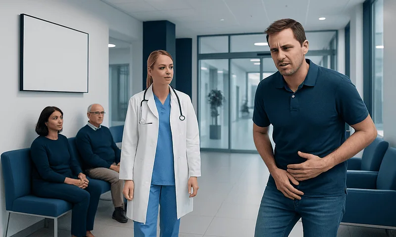 Man experiencing abdominal pain in a hospital corridor with medical staff and patients nearby.