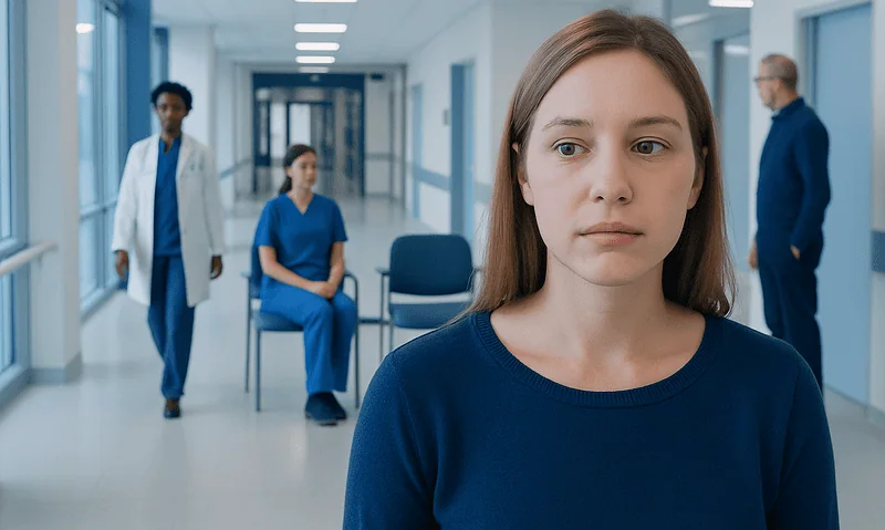 Herpes Cold Sore: A Complete Medical Overview 7 Young woman waiting in hospital corridor with medical staff in background.