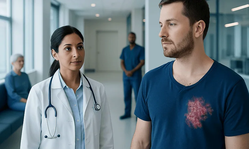 Doctor examining a patient with a herpes rash on his chest in a hospital corridor.