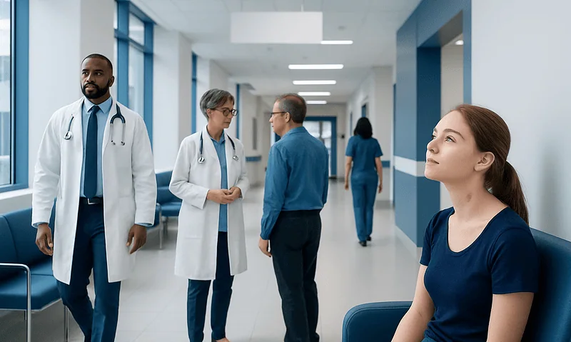 Young woman waiting in hospital corridor with medical staff nearby.