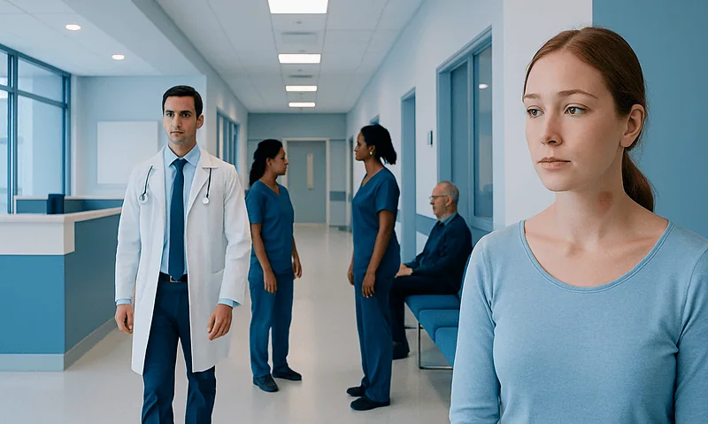 Healthcare professionals and a patient in a hospital corridor at Acibadem Hospitals Group.