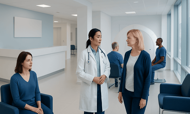Doctor consulting with a patient in a modern hospital waiting area.