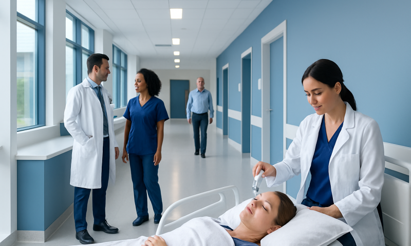 Medical staff caring for patient in hospital corridor at Acibadem Hospitals.