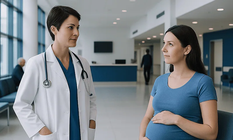 Pregnant woman consulting with a doctor in a hospital lobby.
