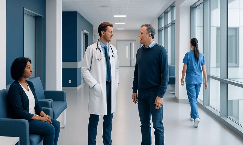 Doctors and nurse in hospital corridor discussing patient care.
