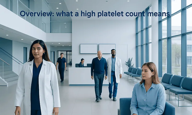High Platelet Count Explained: Reference Ranges and What Affects Them 4 Modern hospital lobby with medical staff and patients, bright and welcoming environment.