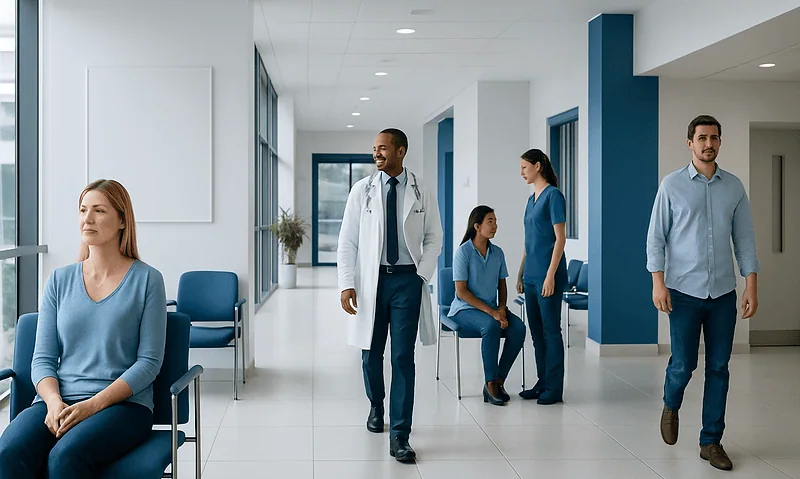 Patients and healthcare professionals in a modern hospital waiting area.