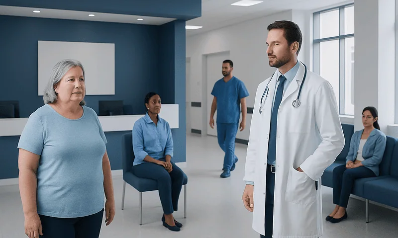 Doctor consulting with elderly woman in hospital waiting area.