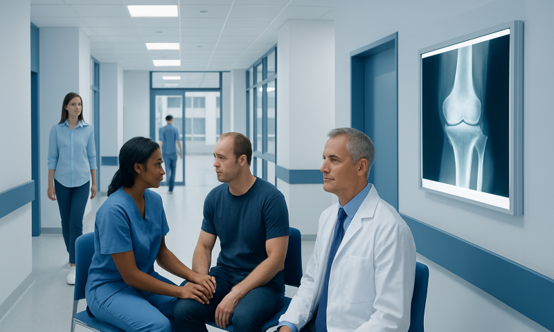 Medical consultation in a hospital corridor with doctors and patient.