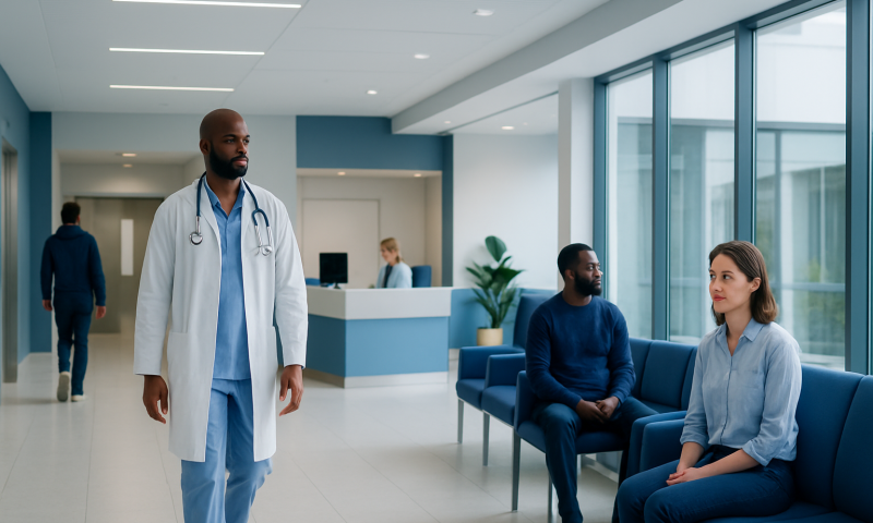 Medical professionals and patients in a modern hospital waiting area.