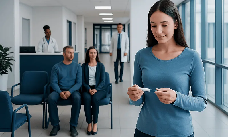 Young woman waiting for pregnancy test results in a clinic.