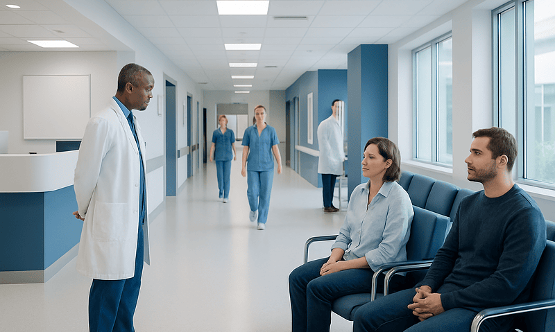 Hospital corridor with medical staff and patients in a modern healthcare facility.