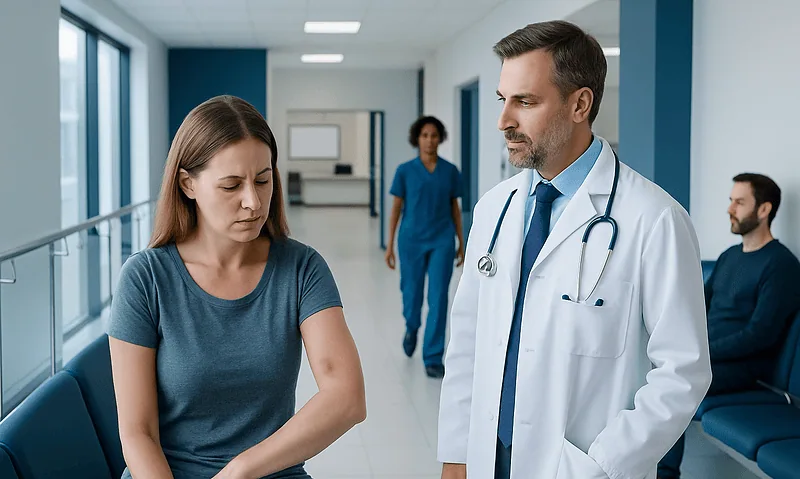 Doctor examining a woman's arm in a hospital corridor.