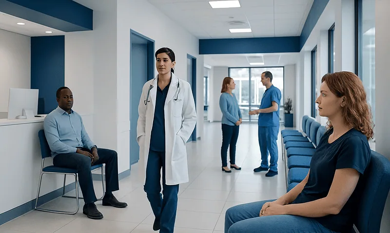Medical staff and patients in a modern hospital corridor.