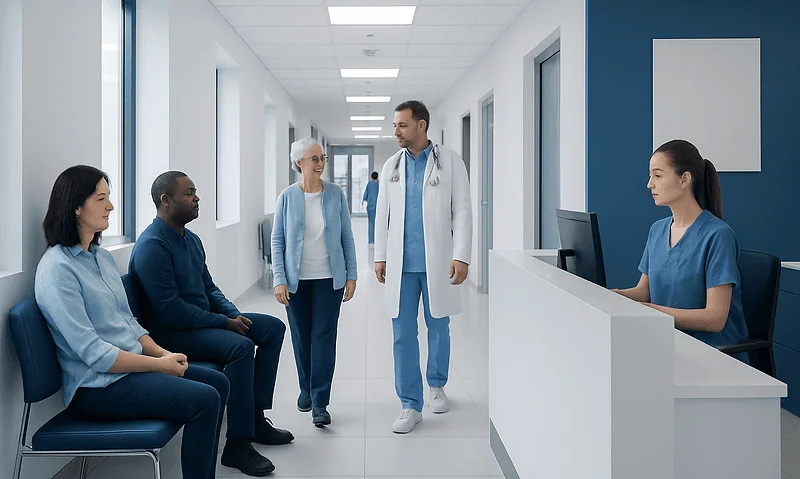 Medical staff and patients in a hospital corridor at Acibadem Hospitals Group.