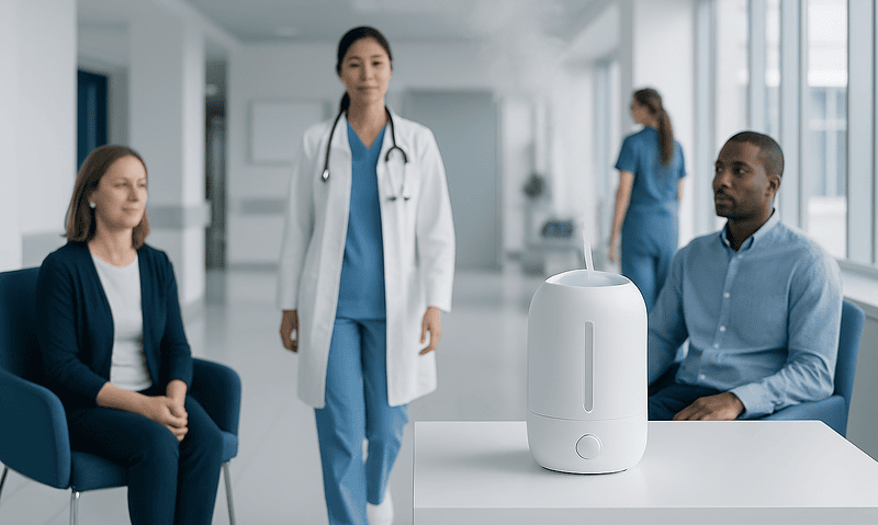 Medical consultation with humidifier in hospital setting.