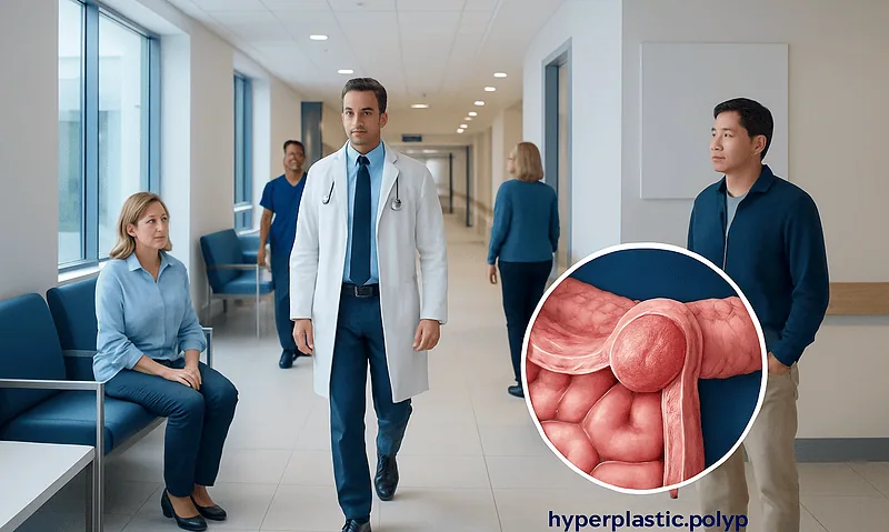 Hyperplastic Polyp: What Patients Need to Know 6 Doctors and patients in a hospital corridor with a graphic of a hyperplastic polyp.