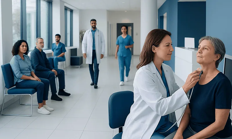 Doctor examining a patient in a hospital corridor with medical staff in the background.