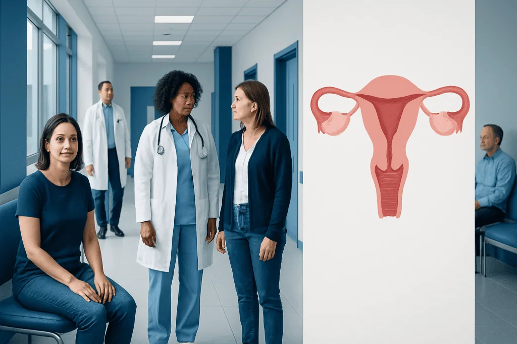 Hysterectomy: Benefits, Risks, and Recovery — A Complete Guide 1 Medical team discussing patient care in hospital corridor with uterus diagram.