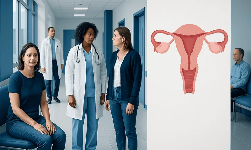 Medical team discussing patient care in hospital corridor with uterus diagram.