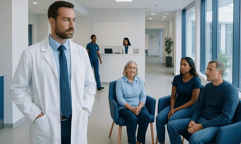 Doctor speaking to patients in a hospital waiting area.