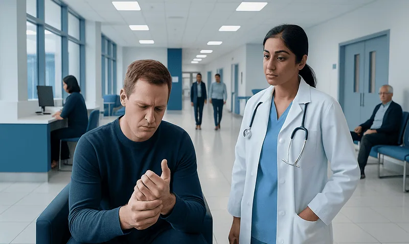 Patient with wrist pain consulting a doctor in hospital corridor.